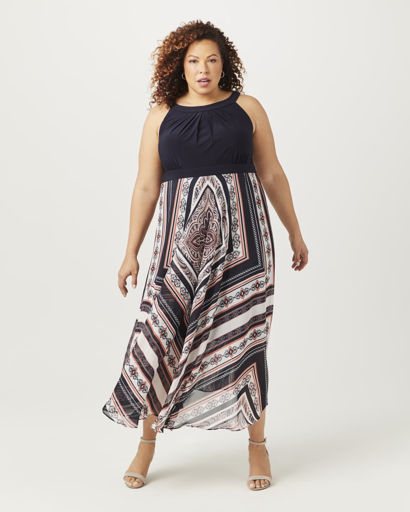Plus size model with rectangle body shape wearing Madison Halter Maxi Dress by Sandra Darren | Dia&Co | dia_product_style_image_id:154611